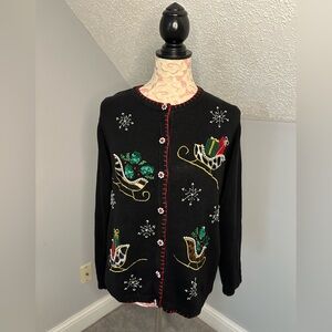 Vintage Christmas Sleigh Animal Print Snowflake Black Cardigan Sweater Sz Small